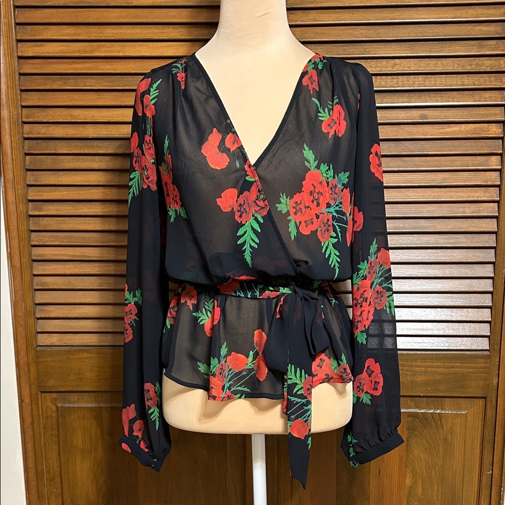 Express Floral Wrap Sheer Long Sleeve Black Top Red Roses & Green Leaves Size XS